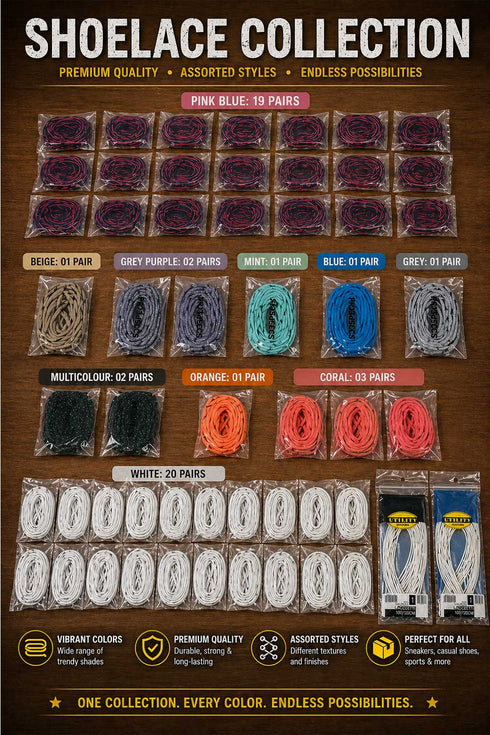 Assorted Shoelaces Bundle – Mixed Colours Premium Laces Bulk Pack - From 39p Per Unit