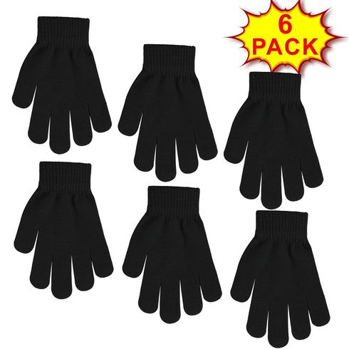 Kids Black Knit Winter Gloves 6 Pack – Warm, Stretchable, Unisex Cold Weather Handwear