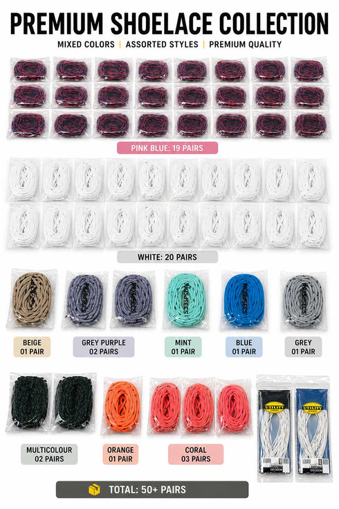 Assorted Shoelaces Bundle – Mixed Colours Premium Laces Bulk Pack - From 39p Per Unit