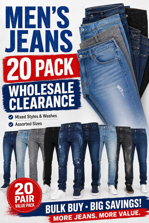 20 Pack Men’s Mixed Styles Washes Sizes Jeans - From £3.74 Per Unit