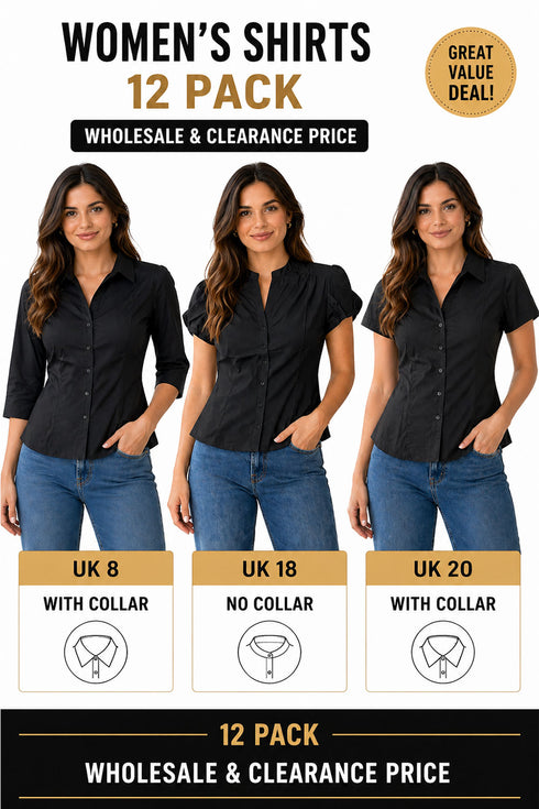 12 Pack Women’s Black Button-Up Shirts – From £1.99 Per Unit