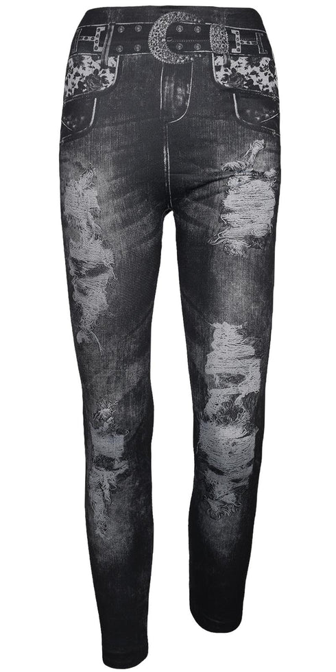 Women’s Ripped Denim Print Jeggings – High Waist Stretch Skinny Jeans with Faux Belt Design