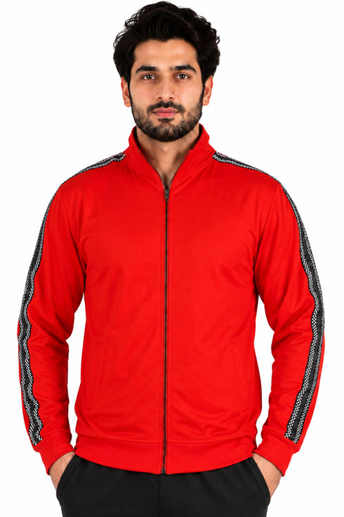 Men’s Red Full Zip Jumper with Contrast Sleeve Tape - L
