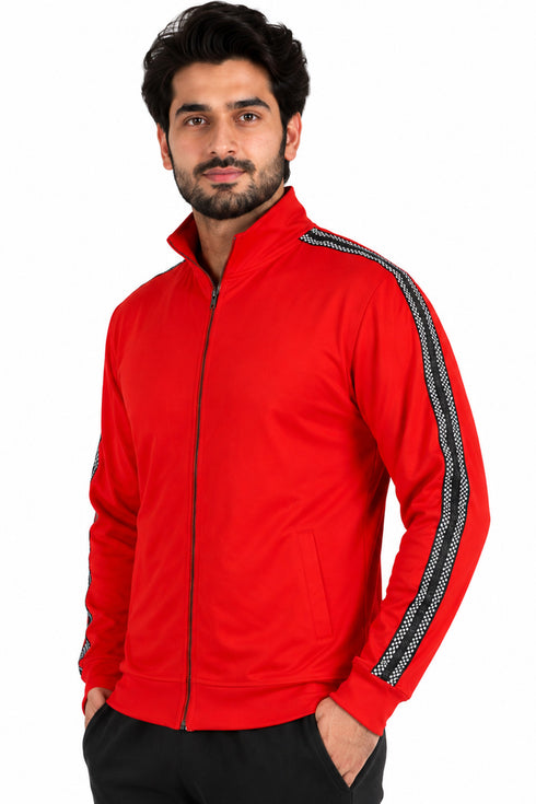 Men’s Red Full Zip Jumper with Contrast Sleeve Tape - L