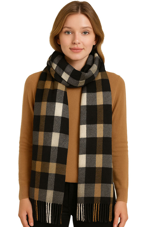 Women’s Checked Winter Scarf – Soft Tartan Blanket Wrap with Tassels