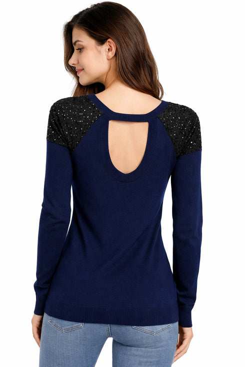 Women’s Navy Sequin Shoulder Jumper – Back Cutout Knit Sweater