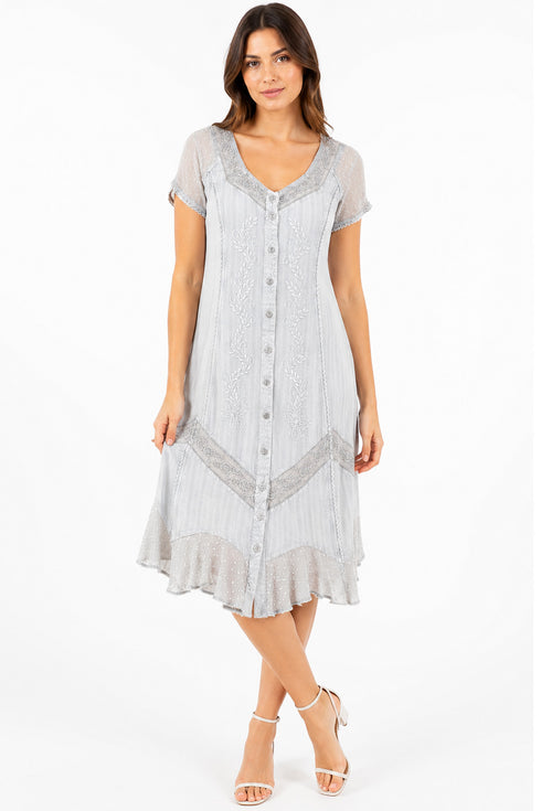 Grey Embroidered Button Front Midi Dress with Lace Detail