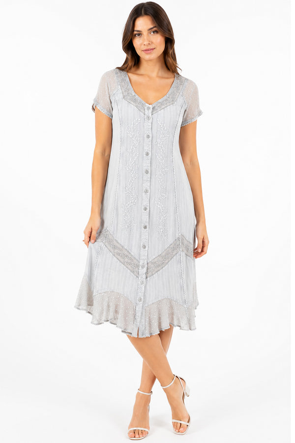 Grey Embroidered Button Front Midi Dress with Lace Detail