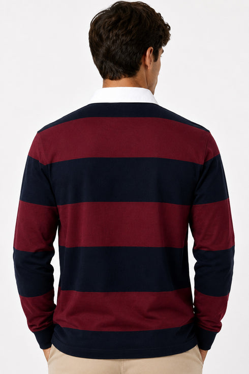 Men’s Long Sleeve Striped Rugby Shirt – 100% Cotton Polo Top.