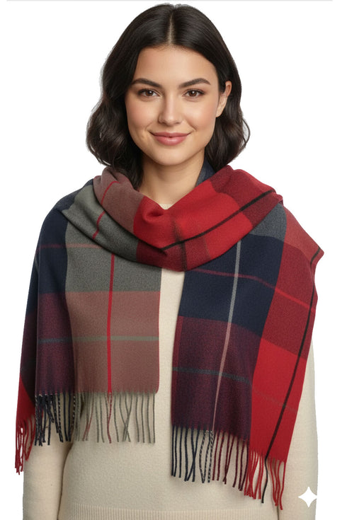 Women’s Checked Winter Scarf – Soft Tartan Blanket Wrap with Tassels