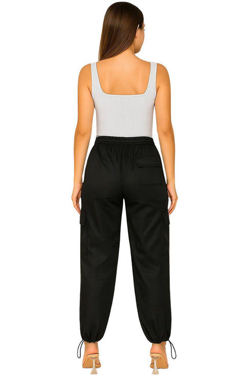 Womens Baggy Cargo Trousers – Drawstring Waist, Loose Fit Combat Pants with Pockets