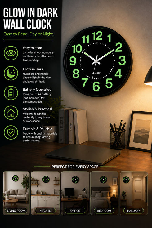 Quartz Glow in the Dark Wall Clock - 12 Inch