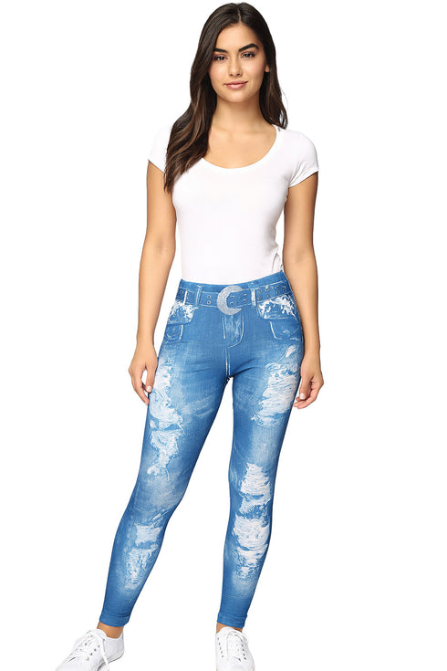 Women’s Ripped Denim Print Jeggings – High Waist Stretch Skinny Jeans with Faux Belt Design