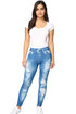 Women’s Ripped Denim Print Jeggings – High Waist Stretch Skinny Jeans with Faux Belt Design