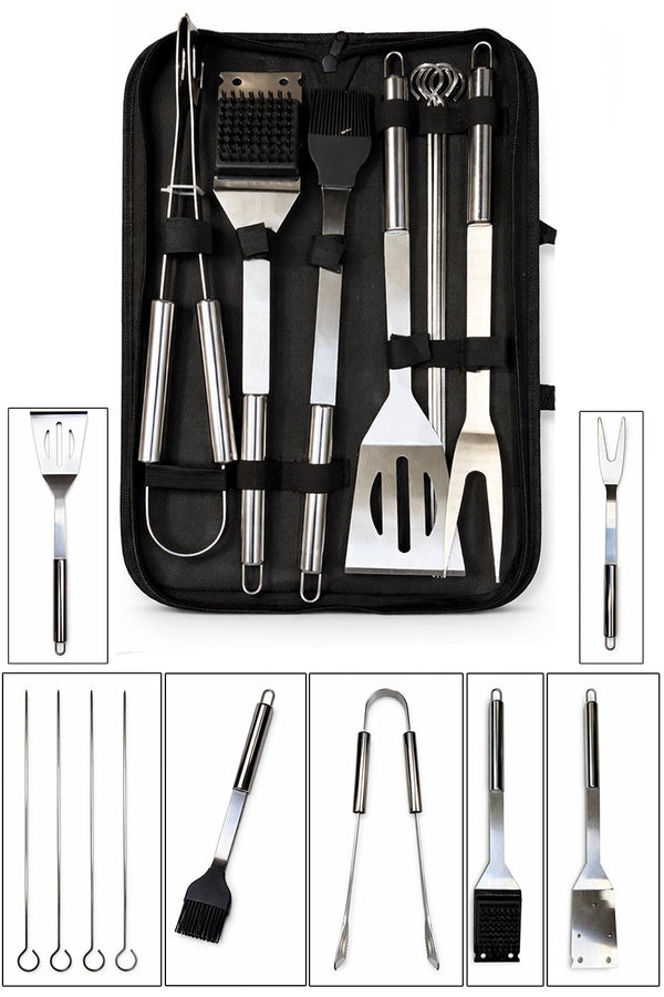 Stainless Steel BBQ Tool Set with Case – Grill Utensils Kit, Tongs, Spatula & Skewers