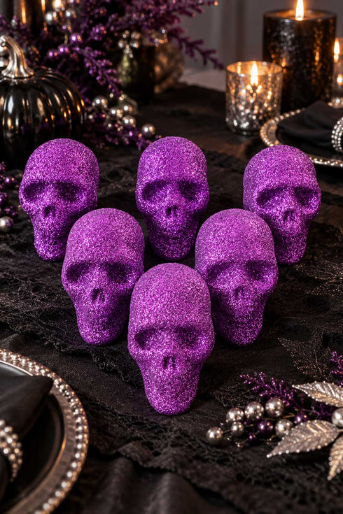 Purple Glitter Skull Decorations Multi Pack – Halloween Party Table and Shelf Decor