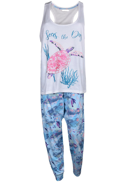 Women’s Summer Pajama Set – Sleeveless Tank Top with Sea Turtle Print & Ocean-Themed Trouser