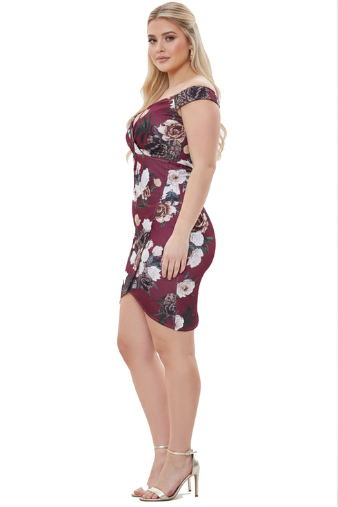 Women Burgundy Floral Bodycon Dress – Off-Shoulder Asymmetrical Hem