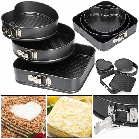 TrueFace 3-Piece Springform Cake Tin Set – Non-Stick Carbon Steel Baking Pans (Round, Square & Heart)