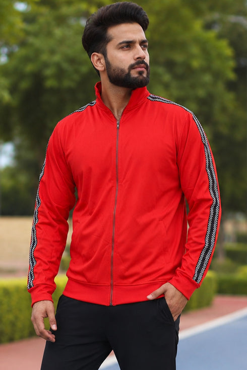 Men’s Red Full Zip Jumper with Contrast Sleeve Tape - L