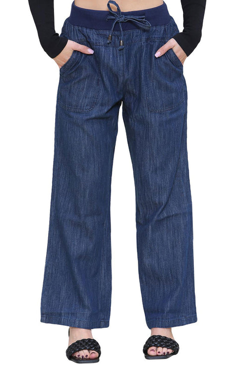 Women’s Blue Wide Leg Denim Jeans with Drawstring Waist