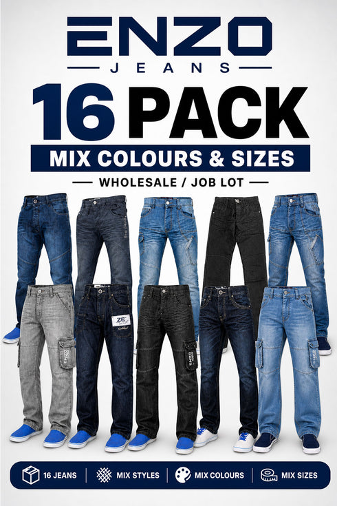 16 Pack Enzo Men’s Jeans Wholesale Mixed Colours & Sizes - From £9.37 Per Unit