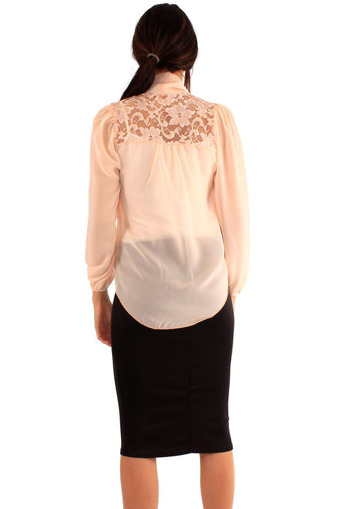 Women's Button-Up Blouse with Lace Shoulders