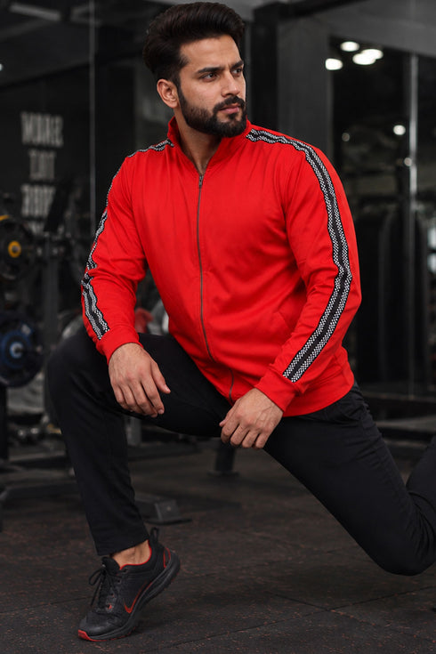 Men’s Red Full Zip Jumper with Contrast Sleeve Tape - L
