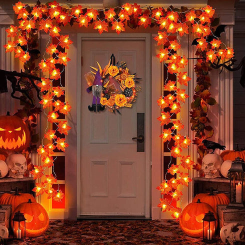 Kids Halloween Costume & LED Lights Bundle | Troll Dress, Striped Leggings with Skirt & 6 Pack Maple Leaf String Lights