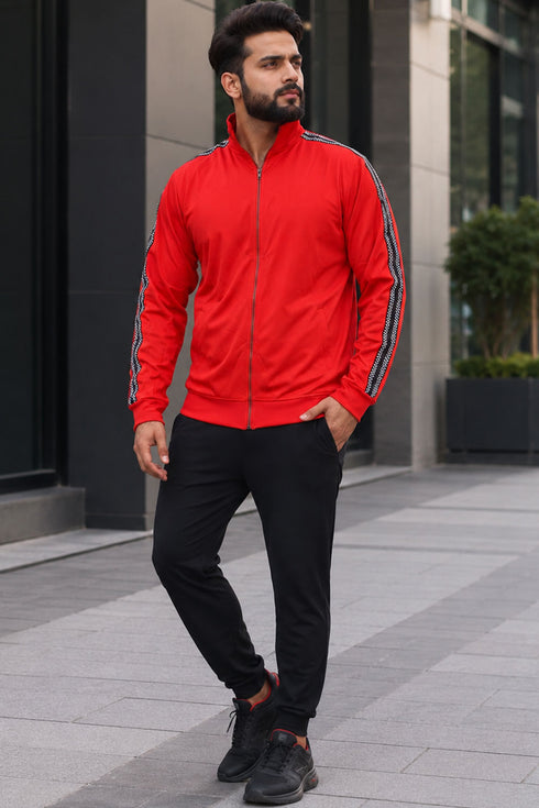 Men’s Red Full Zip Jumper with Contrast Sleeve Tape - L