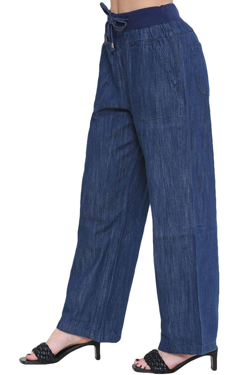 Women’s Blue Wide Leg Denim Jeans with Drawstring Waist
