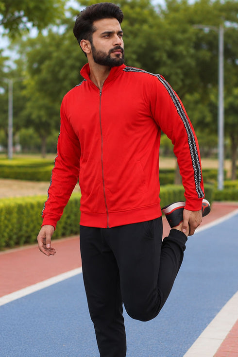 Men’s Red Full Zip Jumper with Contrast Sleeve Tape - L