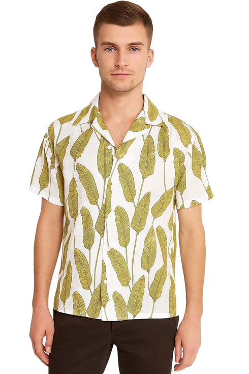 Men’s White Short Sleeve Hawaiian Shirt – Yellow Banana Leaf Print