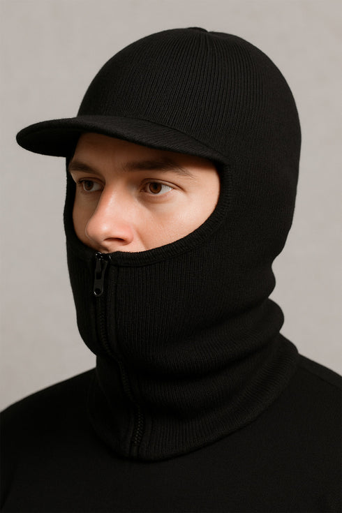 Unisex Knitted Balaclava Hat with Visor & Zipper – Winter Thermal Mask