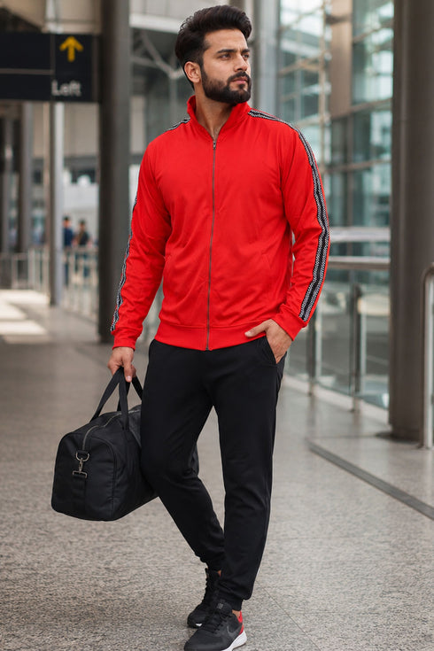 Men’s Red Full Zip Jumper with Contrast Sleeve Tape - L