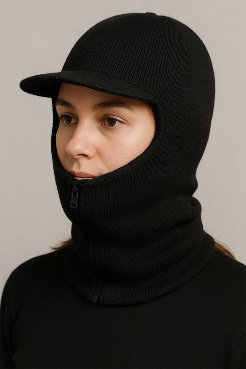 Unisex Knitted Balaclava Hat with Visor & Zipper – Winter Thermal Mask