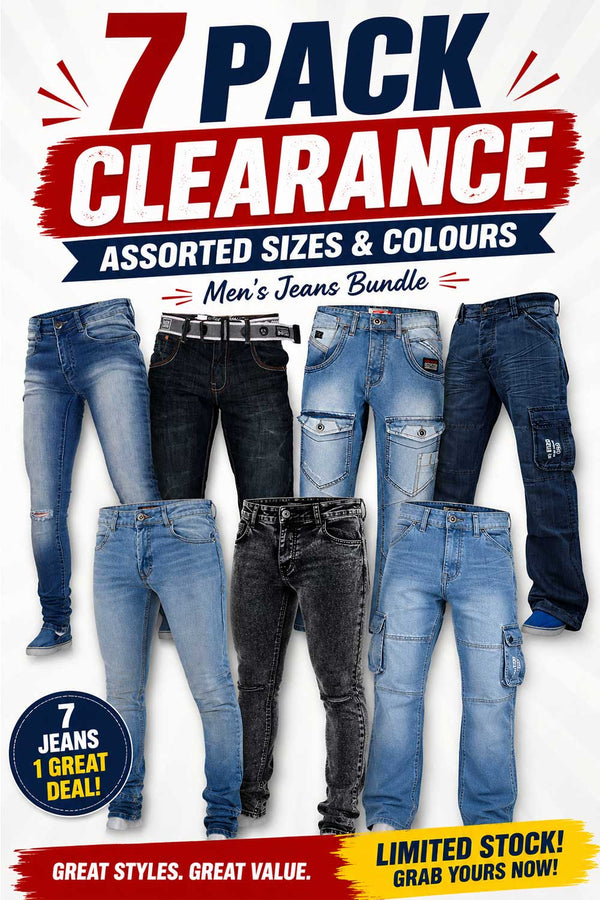 7 Pack Men’s Jeans Clearance Bundle – Assorted Sizes & Colours
