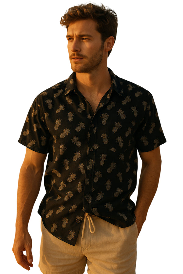 Mens Black Pineapple Print Hawaiian Shirt