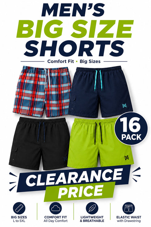 16 Pack Men’s Big Size Shorts Clearance - From £1.87 Per Unit
