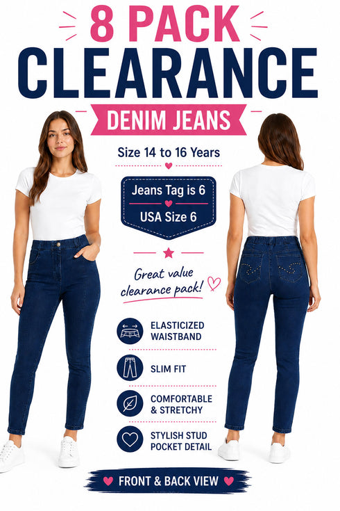 8 Pack Girls Dark Blue Slim Fit Jeans - From £1.87 Per Unit