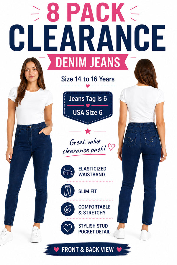 8 Pack Girls Dark Blue Slim Fit Jeans - From £1.87 Per Unit