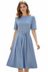 Womens Plain Short Sleeves Dress with Belt