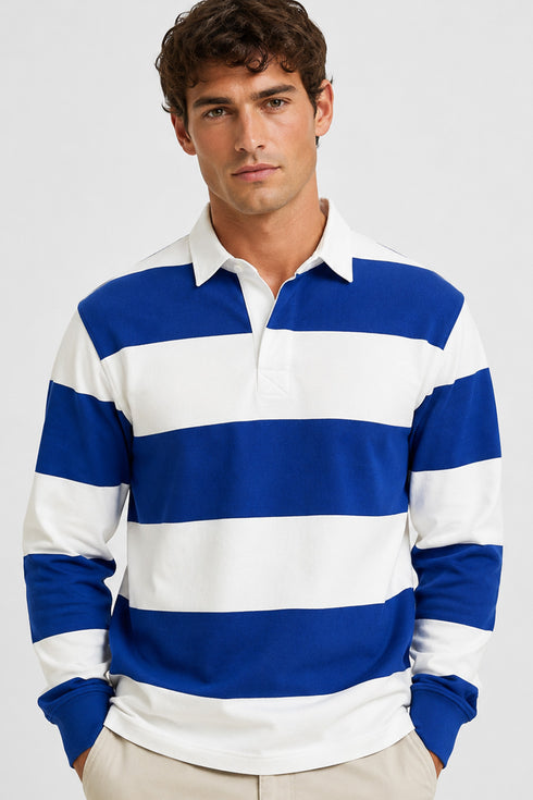 Men’s Long Sleeve Striped Rugby Shirt – 100% Cotton Polo Top.