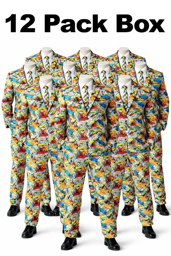 Men’s Comic Print Suit 12-Pack Bulk – Graphic Blazer & Pants Set – Novelty Party Costume Suit for Events & Retail - £3.35 Per Unit