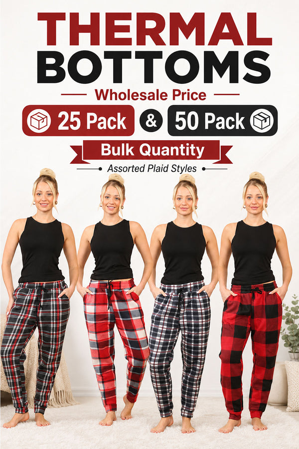 Women’s Plaid Thermal Pajama Bottoms – 25 or 50 Pack