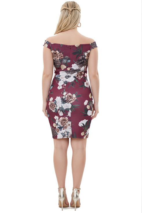 Women Burgundy Floral Bodycon Dress – Off-Shoulder Asymmetrical Hem
