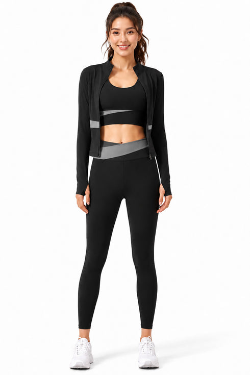 3 Piece Women’s Active-wear Set with Jacket, Sports Bra & Leggings