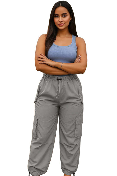 Womens Baggy Cargo Trousers – Drawstring Waist, Loose Fit Combat Pants with Pockets