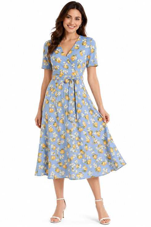 Womens Lemon Print Wrap Dress with Waist Belt
