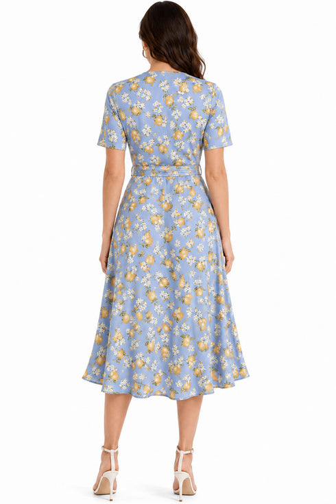 Womens Lemon Print Wrap Dress with Waist Belt